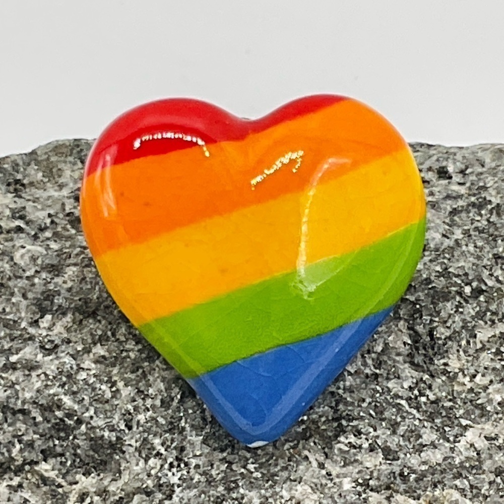 VTG Brooch Rainbow Heart Handmade Glazed Pottery Studio Art Hand Painted Pin 1”